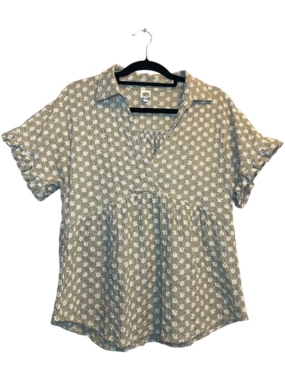 Ivy Jane Floral Embroidered Top Women’s S/M Tan Collared Cottagecore Blouse